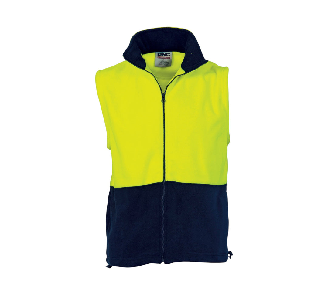 HiVis two tone full zip polar fleece vest 3828 displayed sleeveless with full zipper and high collar for layering and visibility