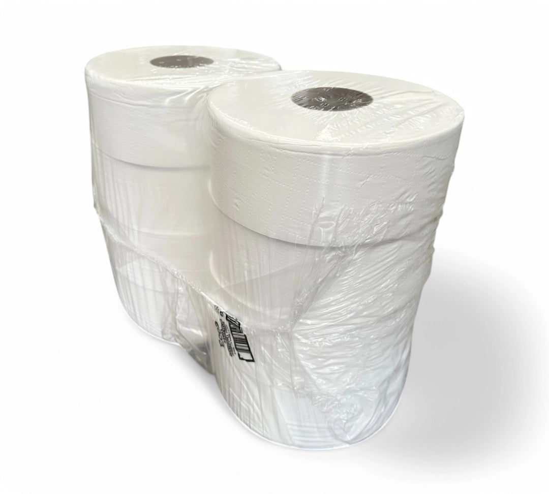 Jumbo toilet paper 2ply 300m displayed in bulk rolls for high-traffic restrooms and commercial dispensers