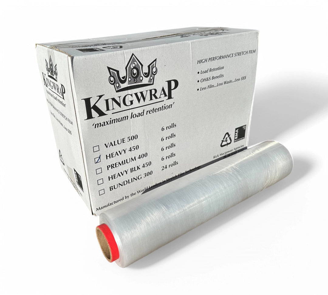 Kingwrap heavy hand stretch film 450mm x 400m shown rolled for manual pallet wrap with high holding force