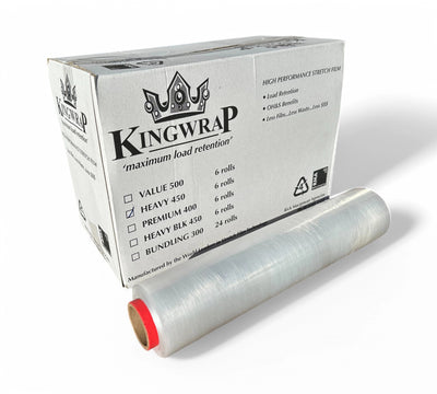 Kingwrap heavy hand stretch film 450mm x 400m shown rolled for manual pallet wrap with high holding force