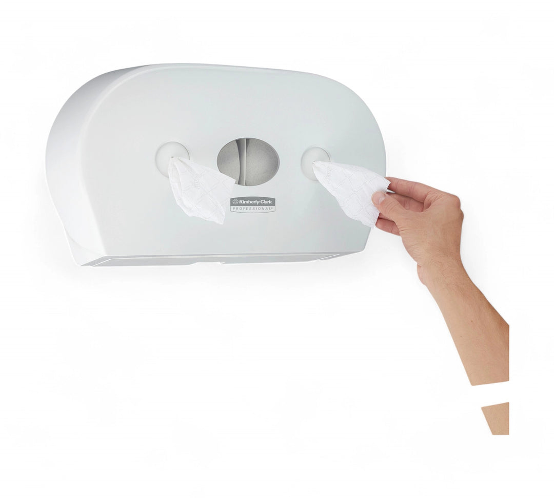 KLEENEX centrepull bathroom tissue 2 ply rolls displayed in carton packaging designed for continuous use in dispensers