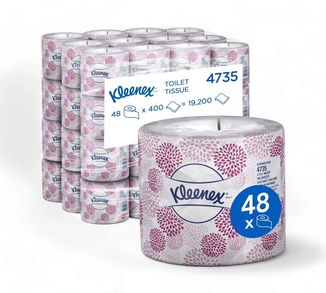 Kleenex 4375 deluxe toilet tissue 2 ply 400 sheet displayed as soft white rolls with standard core fit