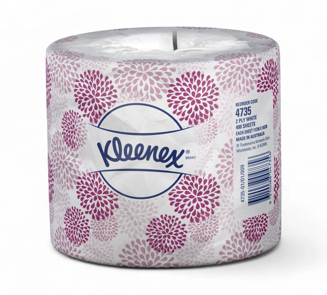 KLEENEX toilet tissue rolls in retail-style packaging shown for personal or commercial bathroom supply