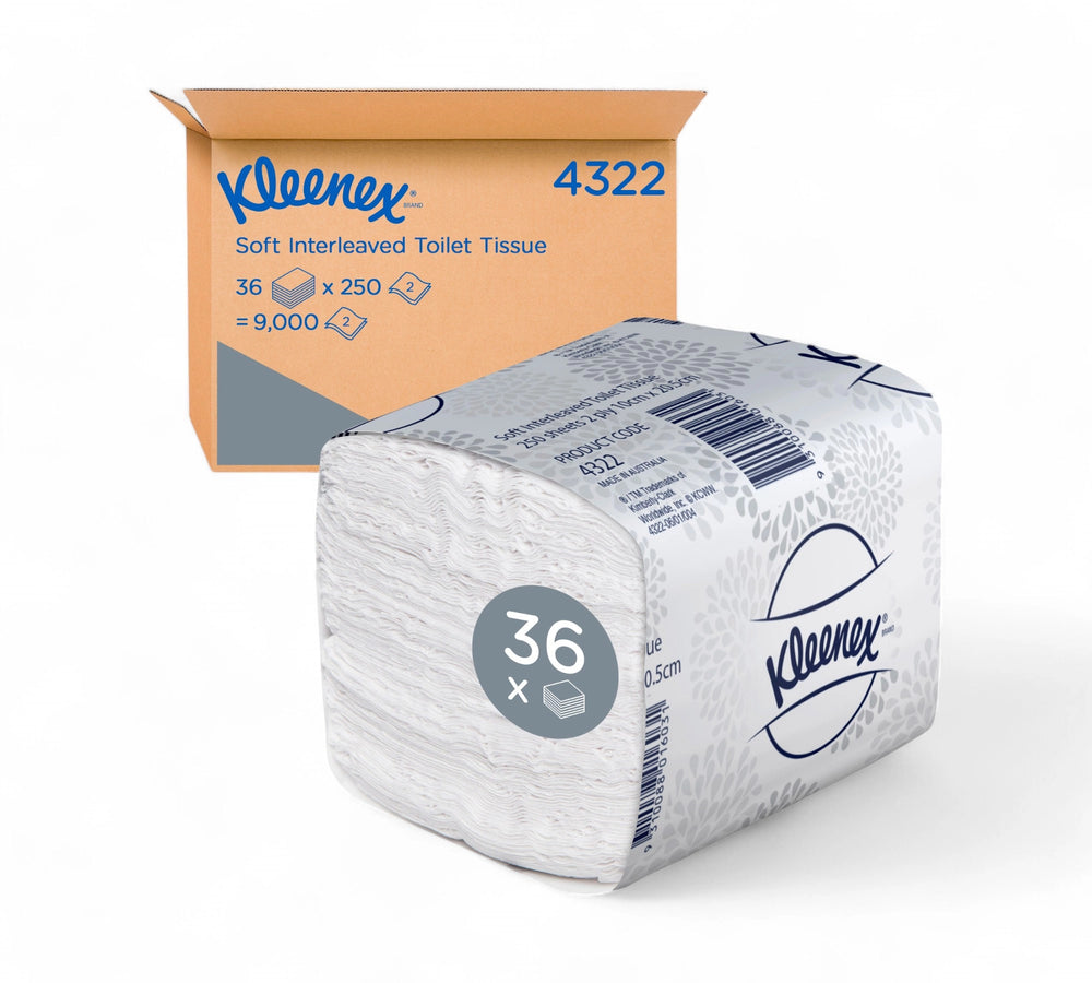 KLEENEX Soft Interleaved Toilet Tissue pack shown in front of its orange branded carton packaging, highlighting the 36 packs x 250 sheet configuration with two-ply softness and embossed detailing.
