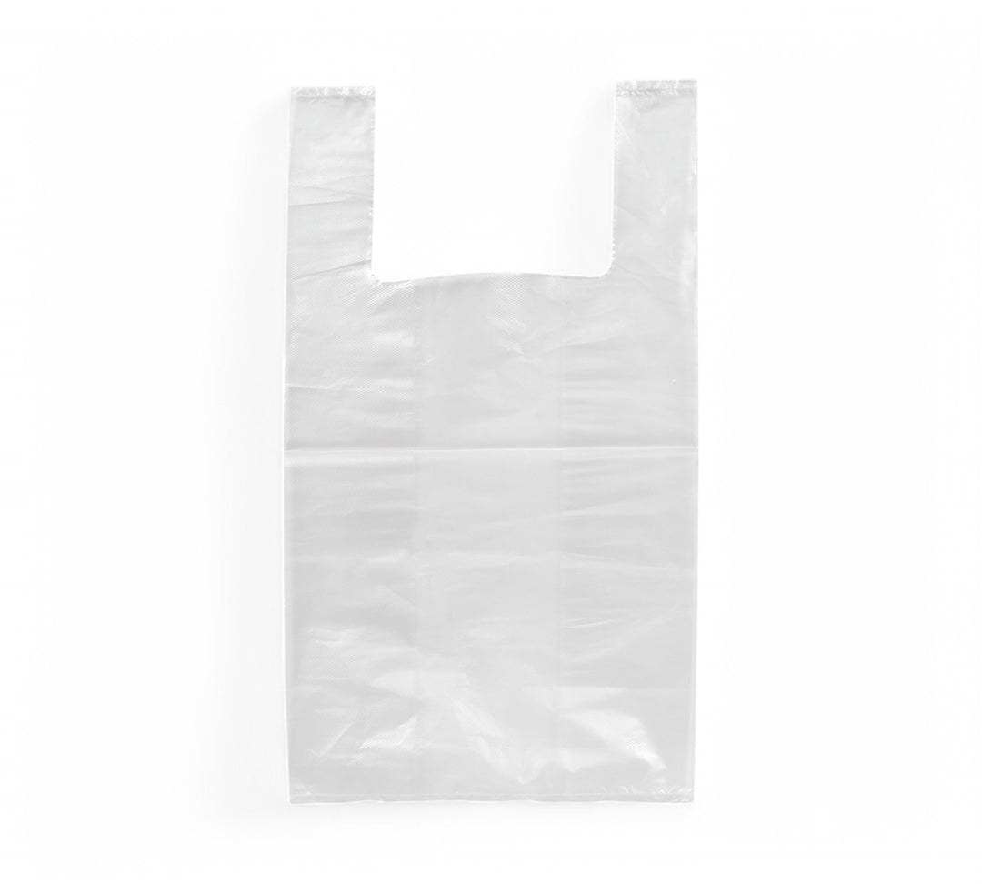 White singlet checkout bags 300 x 160 x 540mm displayed for supermarket or retail point-of-sale bagging