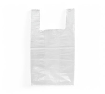 White singlet checkout bags 300 x 160 x 540mm displayed for supermarket or retail point-of-sale bagging