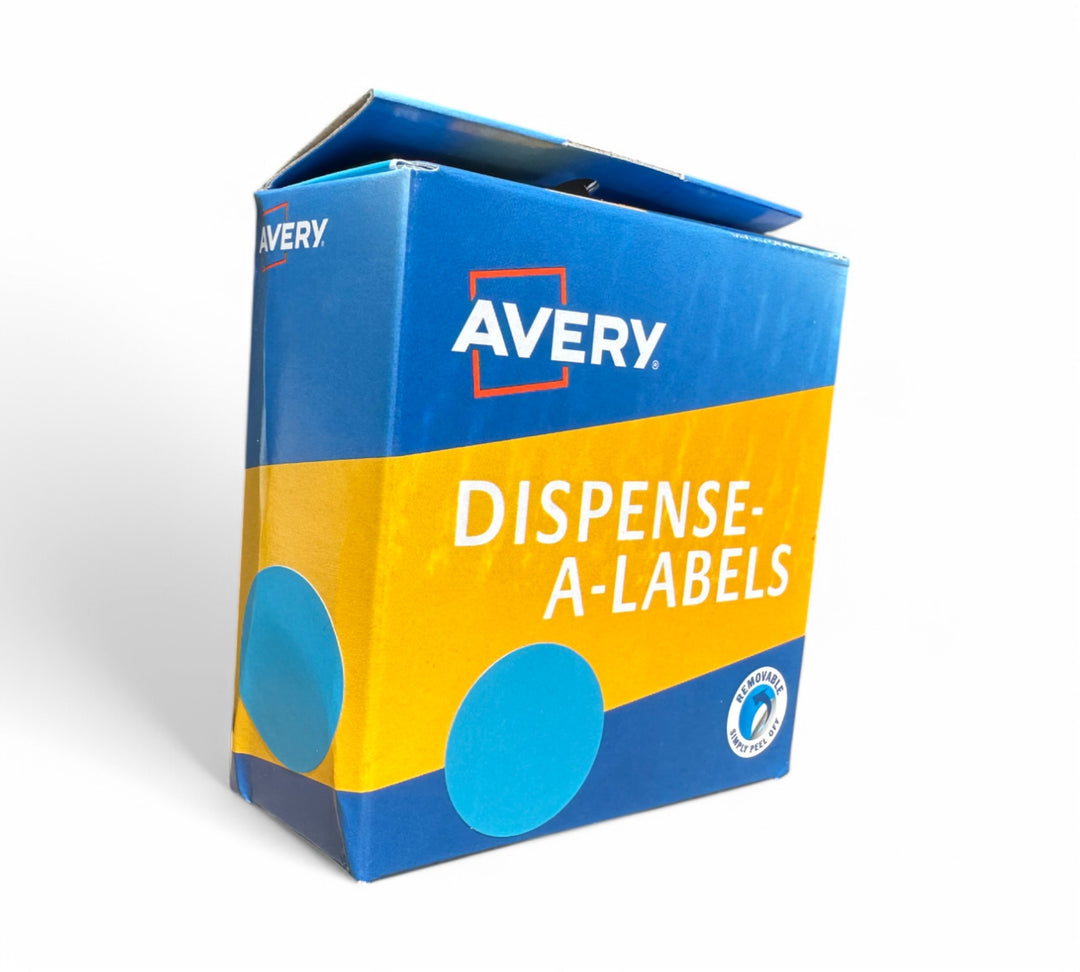 Avery dots light blue 24mm shown rolled for sorting bin labelling or visual identification