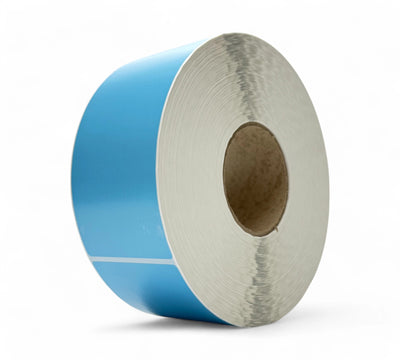 Light blue 80 x 190mm direct thermal transfer label rolls shown wide format for large product or pallet labelling