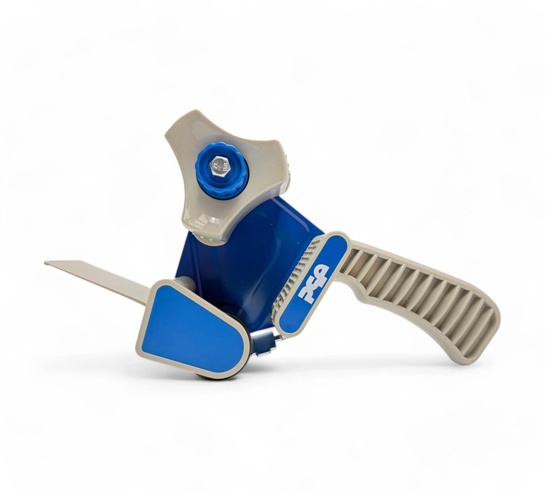 48mm premium low noise pistol grip tape dispenser shown angled with ergonomic handle for smooth packaging tape application