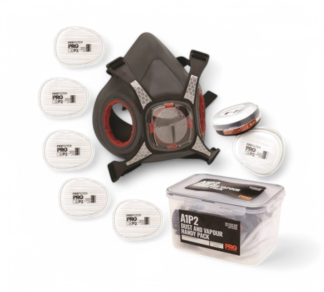 Maxi Mask 2000 half face respirator handy pack displayed in clear kit with replaceable A1P2 filters and hygienic storage box