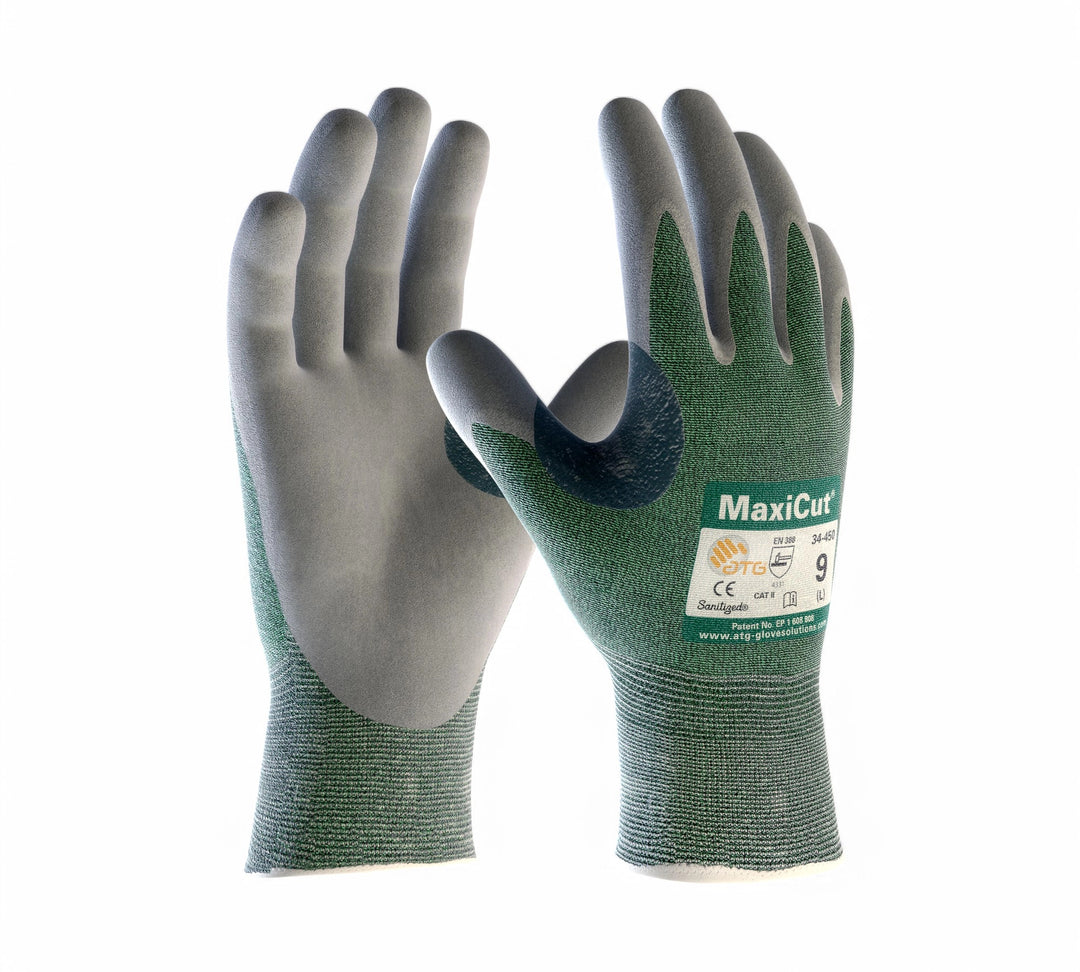 Maxicut 3 dry gloves 34-450 displayed upright as a pair with black palm coating for cut protection and breathable comfort