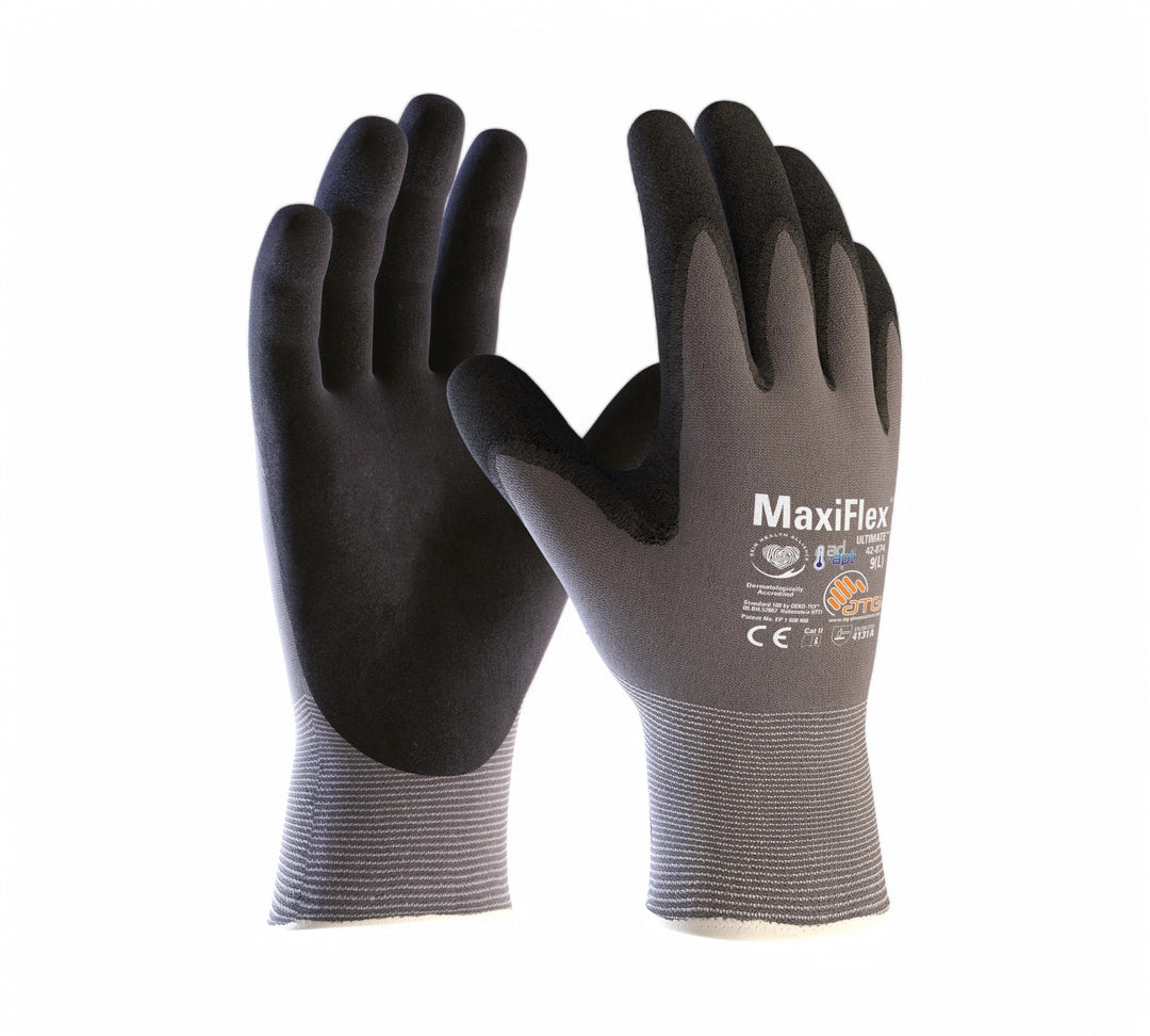 MaxiFlex Ultimate gloves 42-874 shown as a pair with seamless knit and micro-foam coating for excellent flexibility