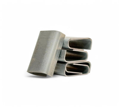 Metal seals open 19mm heavy duty displayed in bulk box for use with strapping tools in securing poly or PET strap