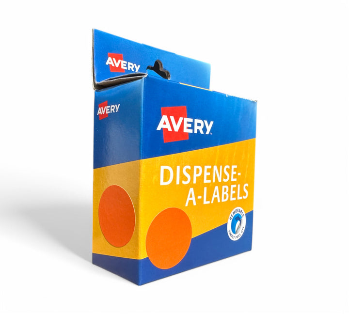 Avery dots orange 24mm shown coiled for high contrast use in logistics stocktaking or process flow mapping