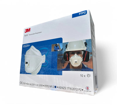 3M 9322A+ P2 particulate respirator mask displayed with headbands and valve for comfortable fit and filtered protection