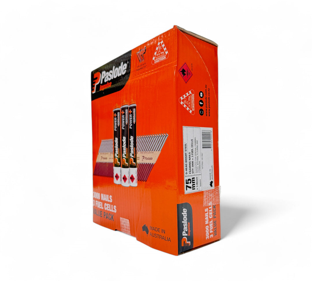 Paslode Impulse Nails 75 x 3.06mm displayed in a compact strip, ideal for framing and construction tasks using cordless nail guns