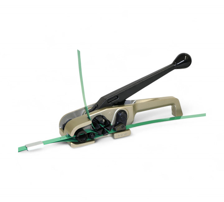 PET strapping tensioner securing PET strapping around a pallet