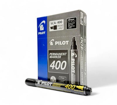Pilot 400 chisel point black marker shown with angled tip for thick and thin lines on cardboard or plastic