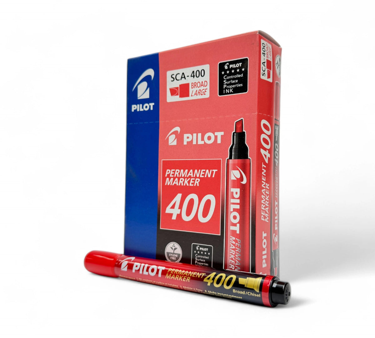 Pilot 400 chisel point red marker displayed uncapped for warehouse or workshop labelling tasks