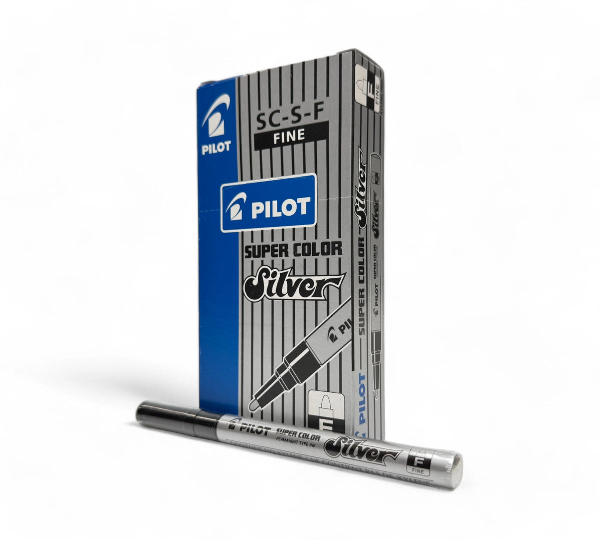 Pilot 605512 fine point silver marker shown with metallic finish for writing on dark or non-porous surfaces