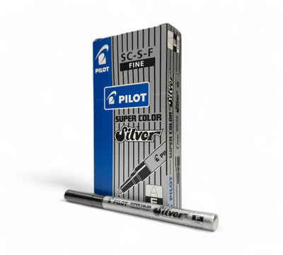 Pilot 605512 fine point silver marker shown with metallic finish for writing on dark or non-porous surfaces