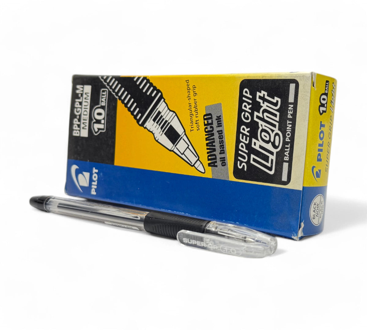 Pilot Super Grip Light medium pen black displayed with transparent barrel and comfort grip for everyday office writing