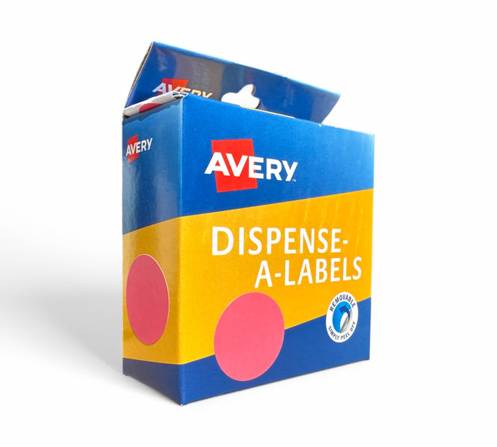 Avery dots pink 24mm displayed in dispenser format for labelling parcels bins or files with standout visibility