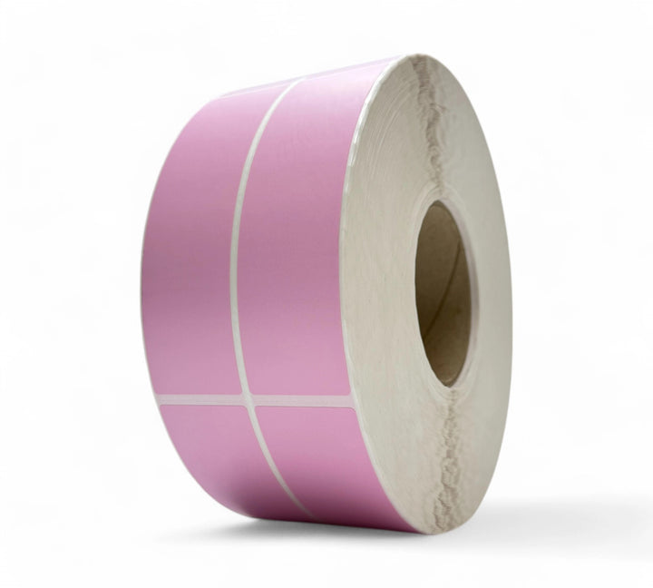Pink 40 x 140mm direct thermal labels in 2-across rolls of 2600 for warehouse labelling and bold stock identification