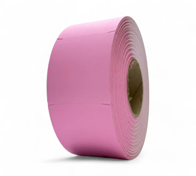 Pink 80 x 87mm direct thermal cards with double notch edges displayed in rolls for ID or product tagging systems