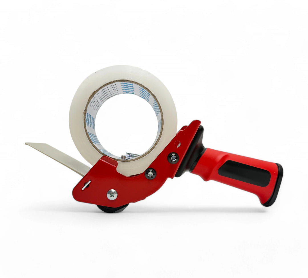 48mm pistol grip tape dispenser shown for fast carton sealing with ergonomic handle and tension control