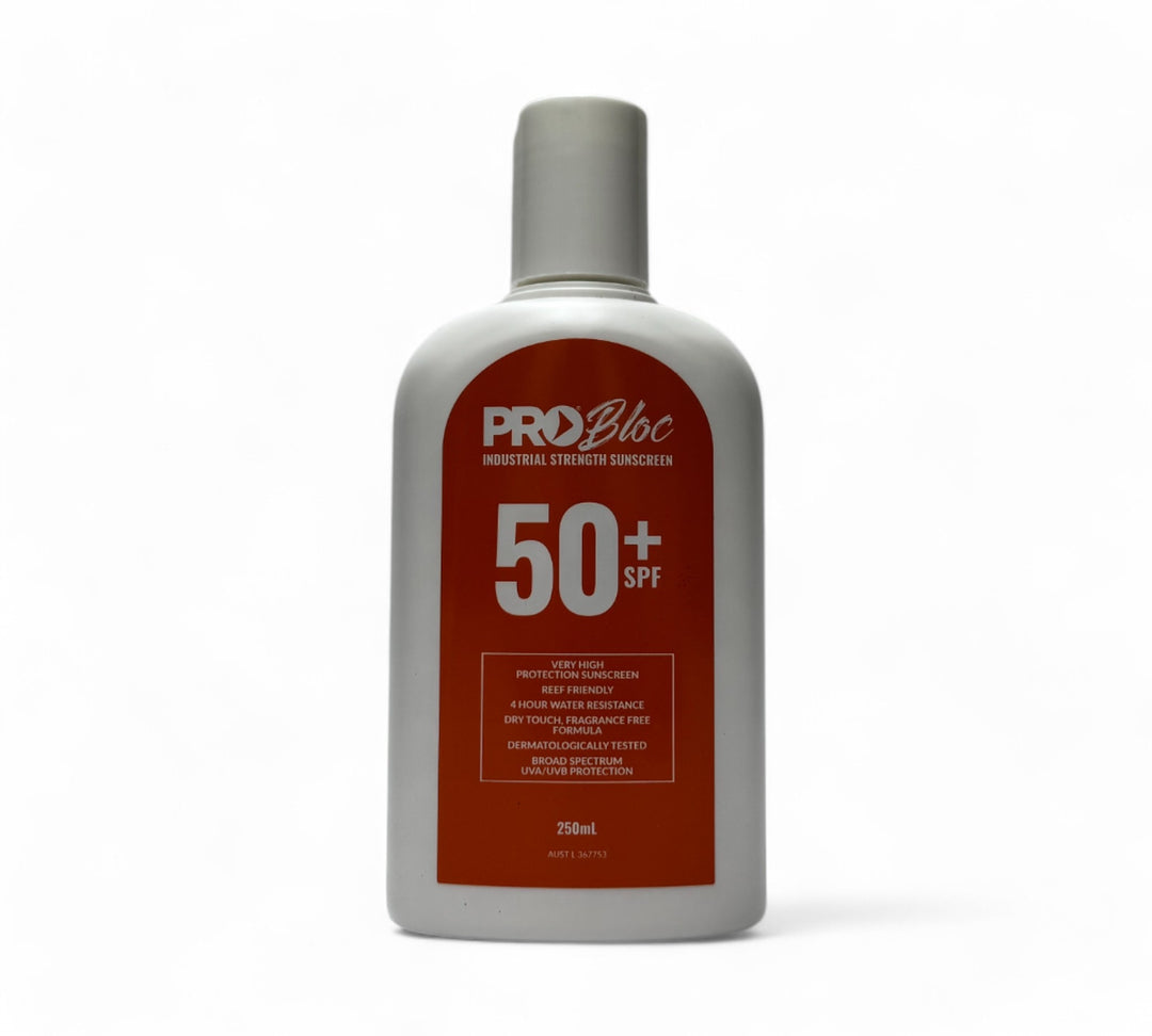 Pro Bloc sunscreen lotion SPF 50+ 250ml shown in compact tubes for personal sun safety and workplace compliance