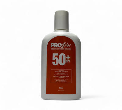 Pro Bloc sunscreen lotion SPF 50+ 250ml shown in compact tubes for personal sun safety and workplace compliance