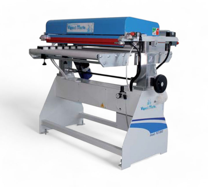 Vigano Mario FD 850 automatic protective film applicator machine applying self-adhesive removable film to flat panels with precision cutting for industrial surface protection