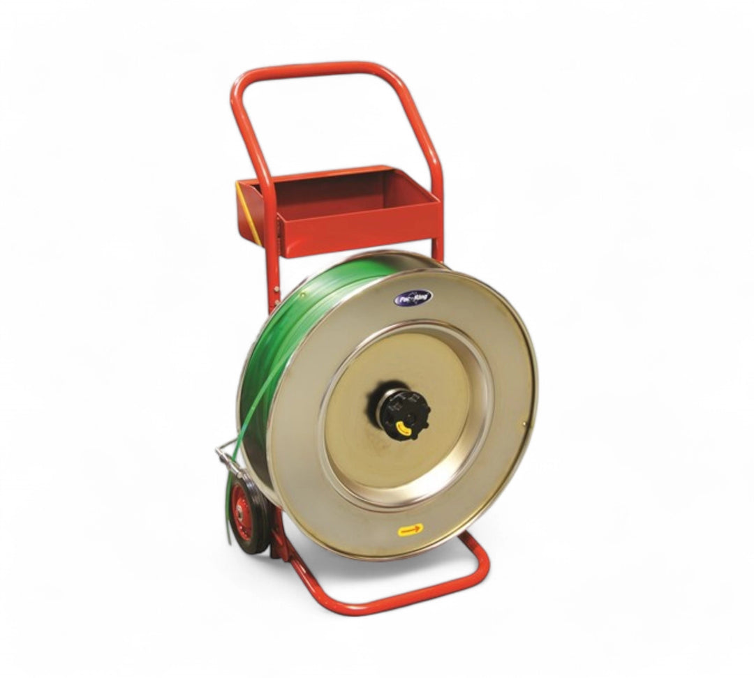 PSD-1 heavy duty mobile PET strap dispenser displayed with wheels and tray for use in warehouse strapping operations