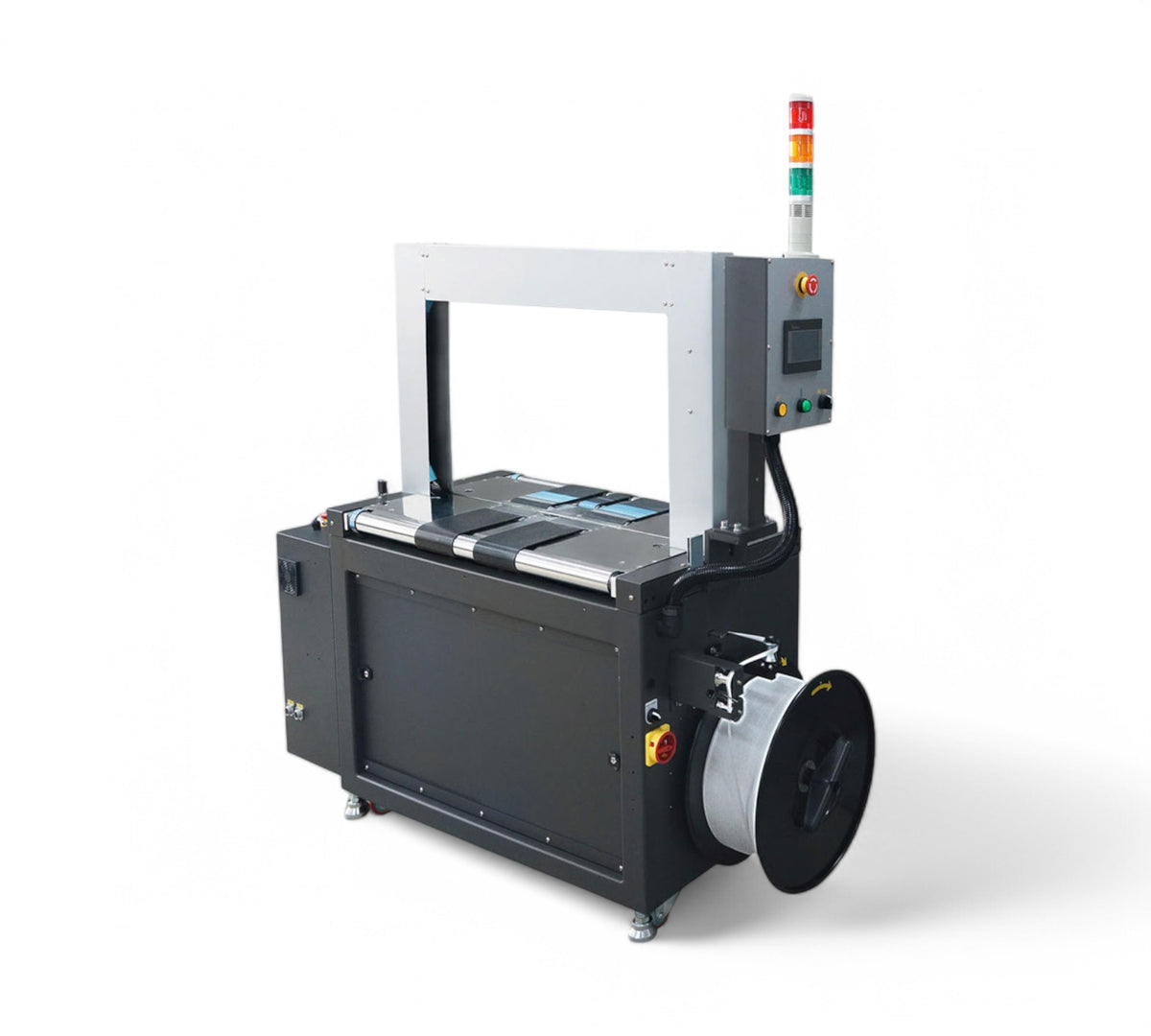 PSE 188b fully automatic strapping machine displayed with conveyor integration for high-volume packaging lines