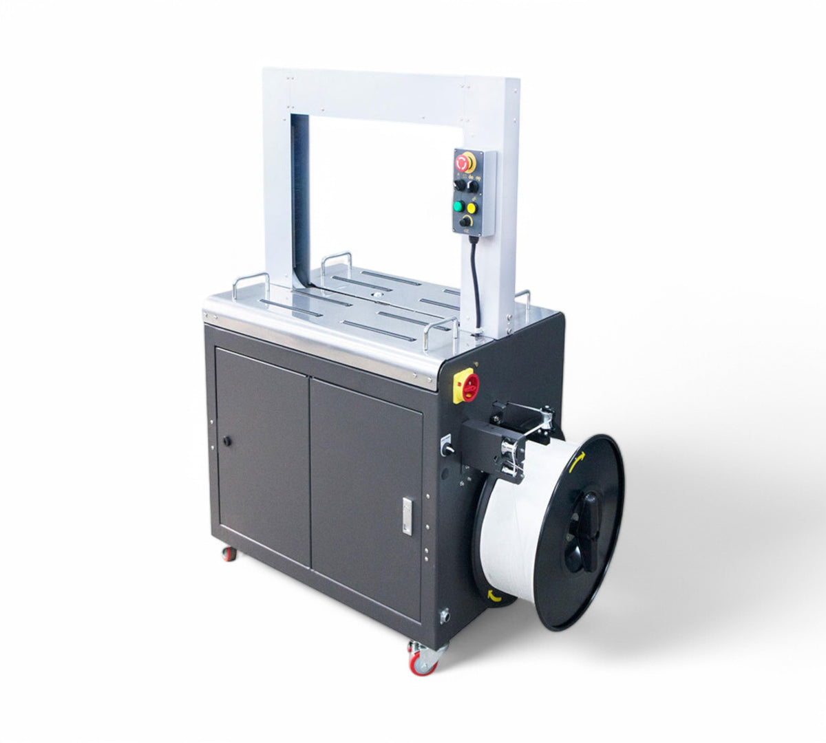 PSE 44 automatic strapping machine displayed with arch frame and touch controls for high-speed secure bundling