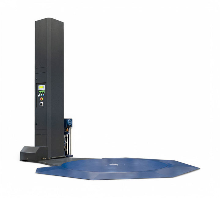 PSE 5300 stretch wrapping machine with integrated ramp for easy pallet jack loading and efficient pallet stabilization
