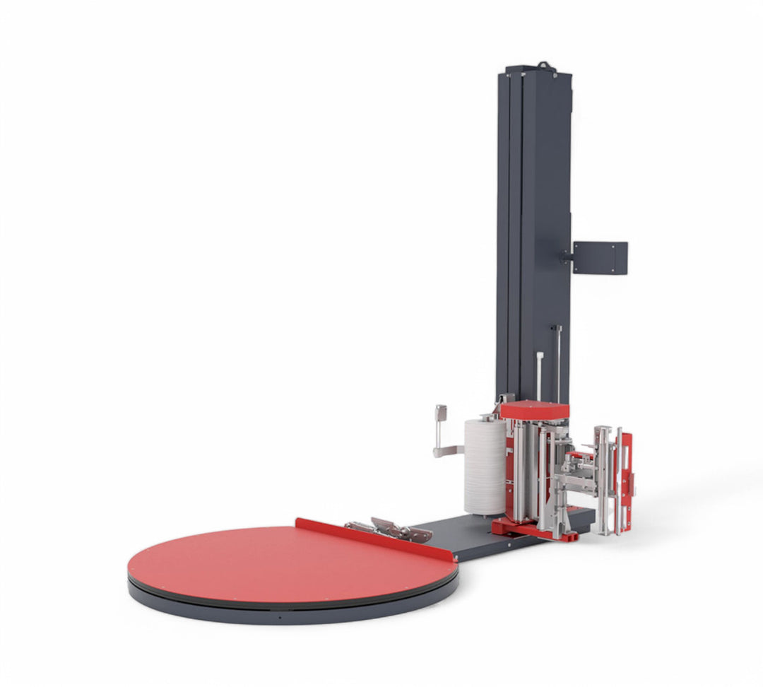 PSE 6000 semi-automatic stretch wrapping machine with red turntable and integrated film carriage for pallet load stabilization in production environments