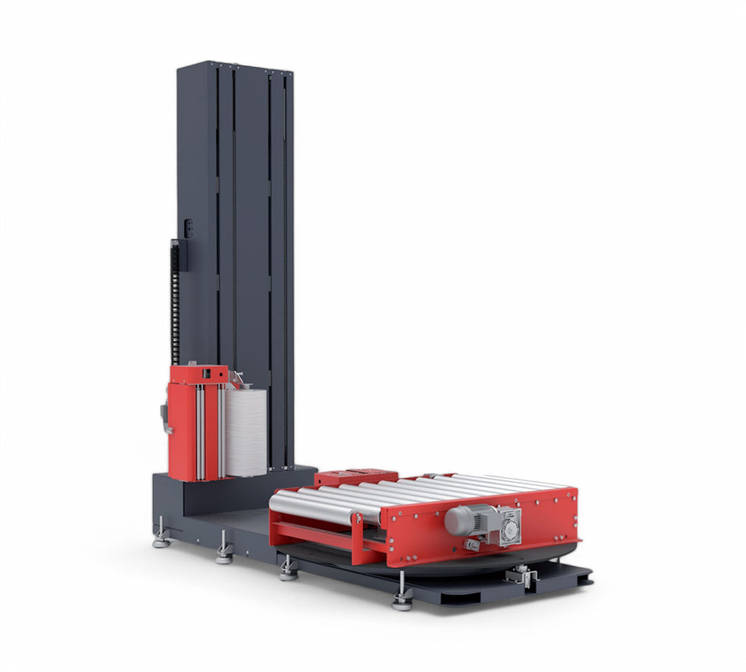 PSE 6100 fully automatic stretch wrapping machine with integrated conveyor rollers for seamless in-line pallet wrapping and industrial automation
