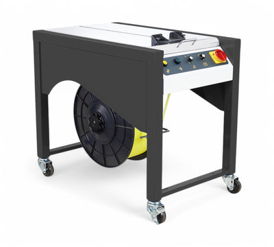 PSE 666 semi automatic strapping machine shown with compact tabletop design and foot pedal activation for manual strapping