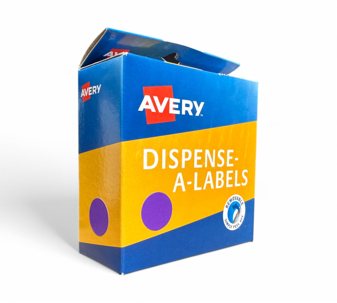 Avery dots purple 14mm displayed rolled for subtle inventory tagging or coded item identification