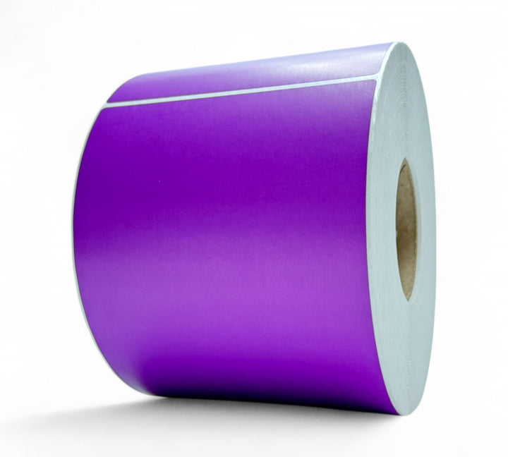 Purple 150 x 200mm thermal transfer labels with matte finish ideal for colour sorting and large-scale product labelling
