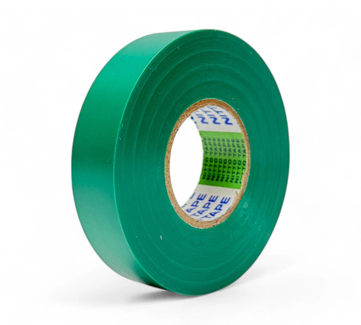 Green 18mm x 20m premium PVC electrical tape rolls shown for phase identification and safety marking