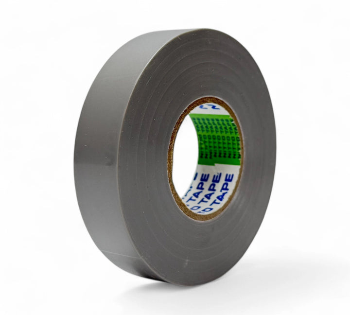Grey 18mm x 20m premium PVC electrical tape displayed in rolls for general purpose insulation and colour coding