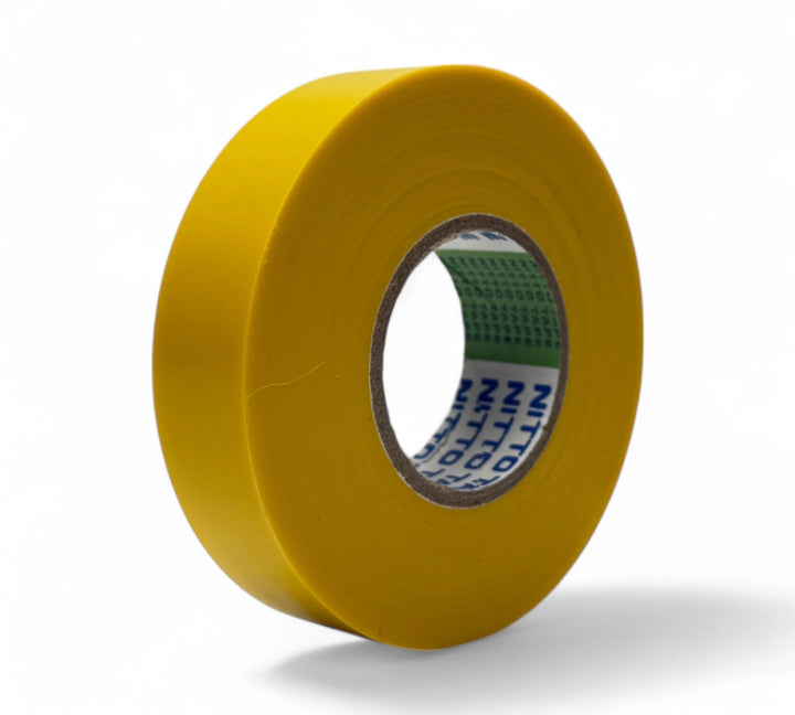 Yellow 18mm x 20m premium PVC electrical tape rolls shown for colour coding and general electrical maintenance