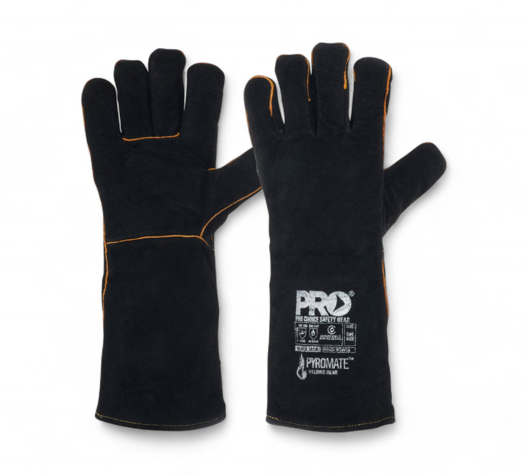 Pyromate Black Jack glove BGW16 shown as a single heat-resistant glove with black leather finish and long cuff