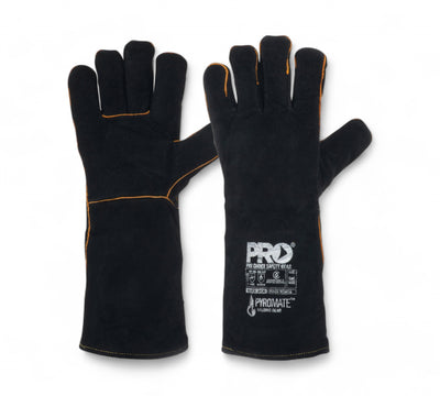 Pyromate Black Jack glove BGW16 shown as a single heat-resistant glove with black leather finish and long cuff