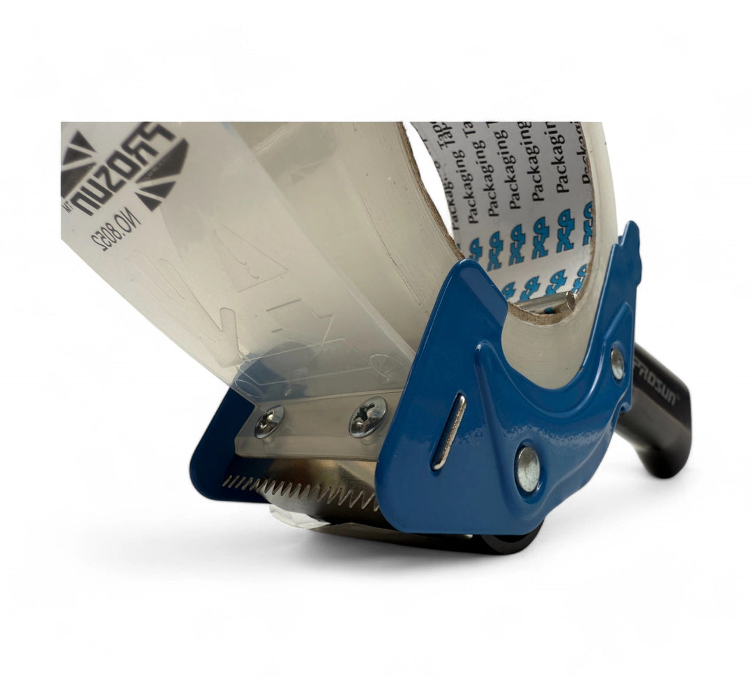 Close-up of 48mm 'Rat Trap' pistol grip tape dispenser blade with safety shield and serrated cutter for precision sealing