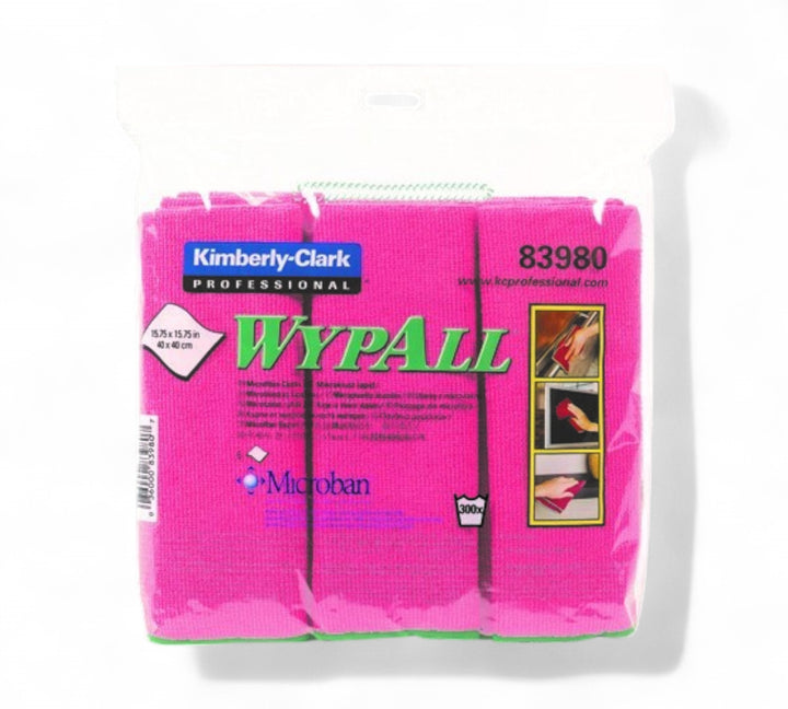 Wypall 83980 microfibre cloth red 40cm x 40cm displayed in pack for sanitising surfaces in healthcare or kitchen areas