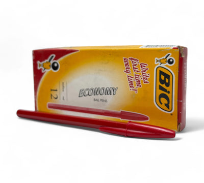 Bic Economy pen red 0224 displayed capped with clear barrel for everyday office or school use